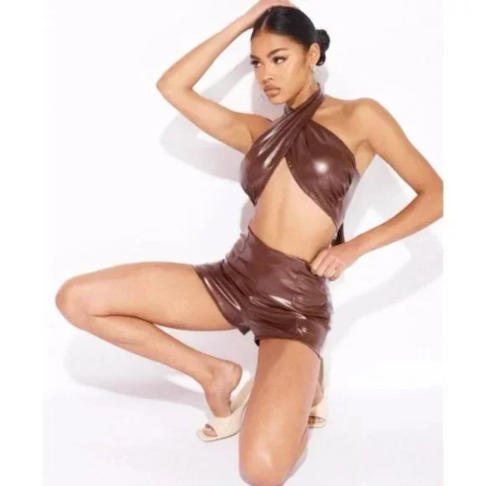 Brown Faux Leather Vegan Leather Sleeveless Halter Neck Open Back Crop Top - Picture 13 of 13